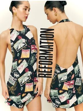 REFORMATION “Avielle” Postcard Halter Backless Mini Dress